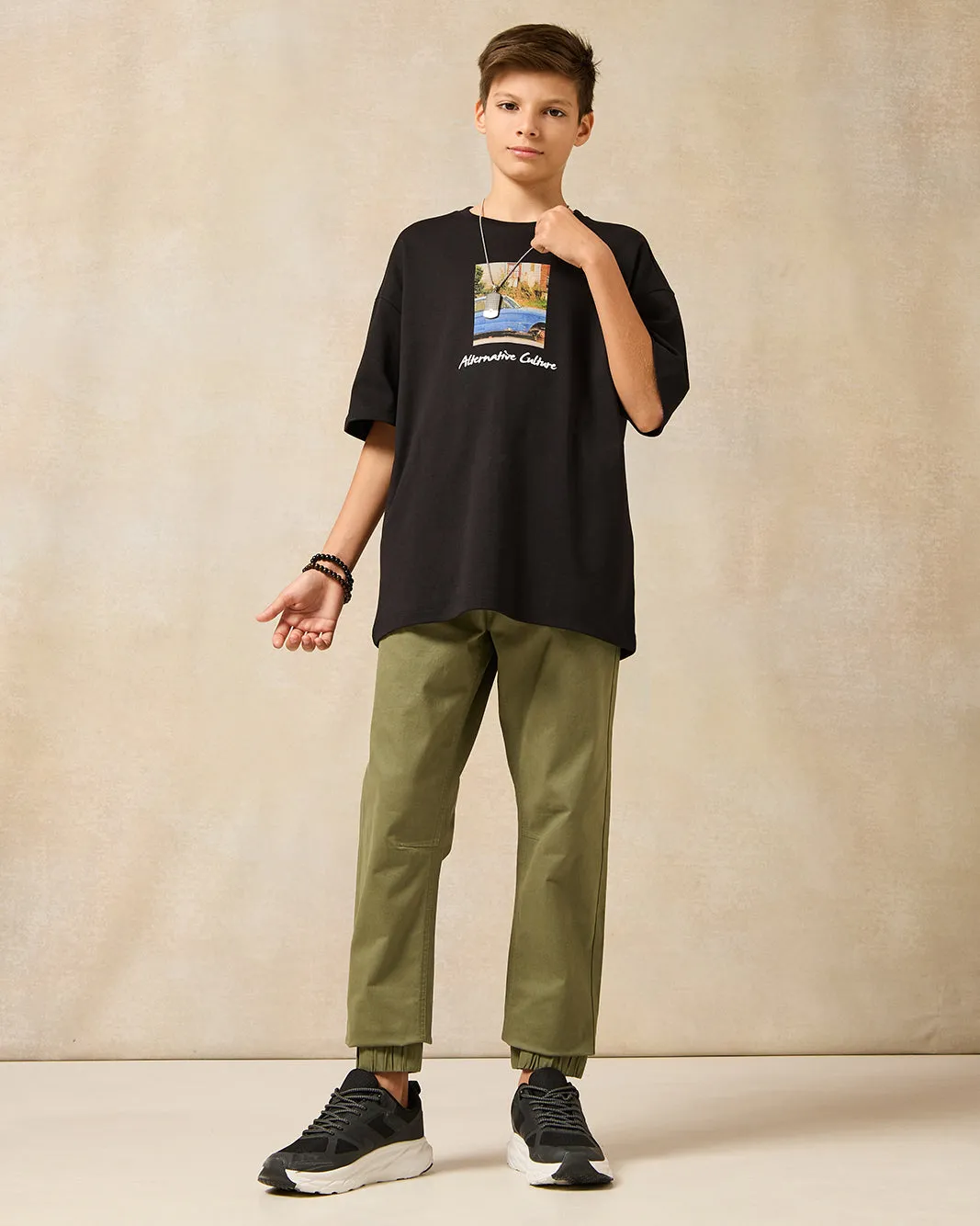 Senior Boys Black Printed Oversize T-Shirt