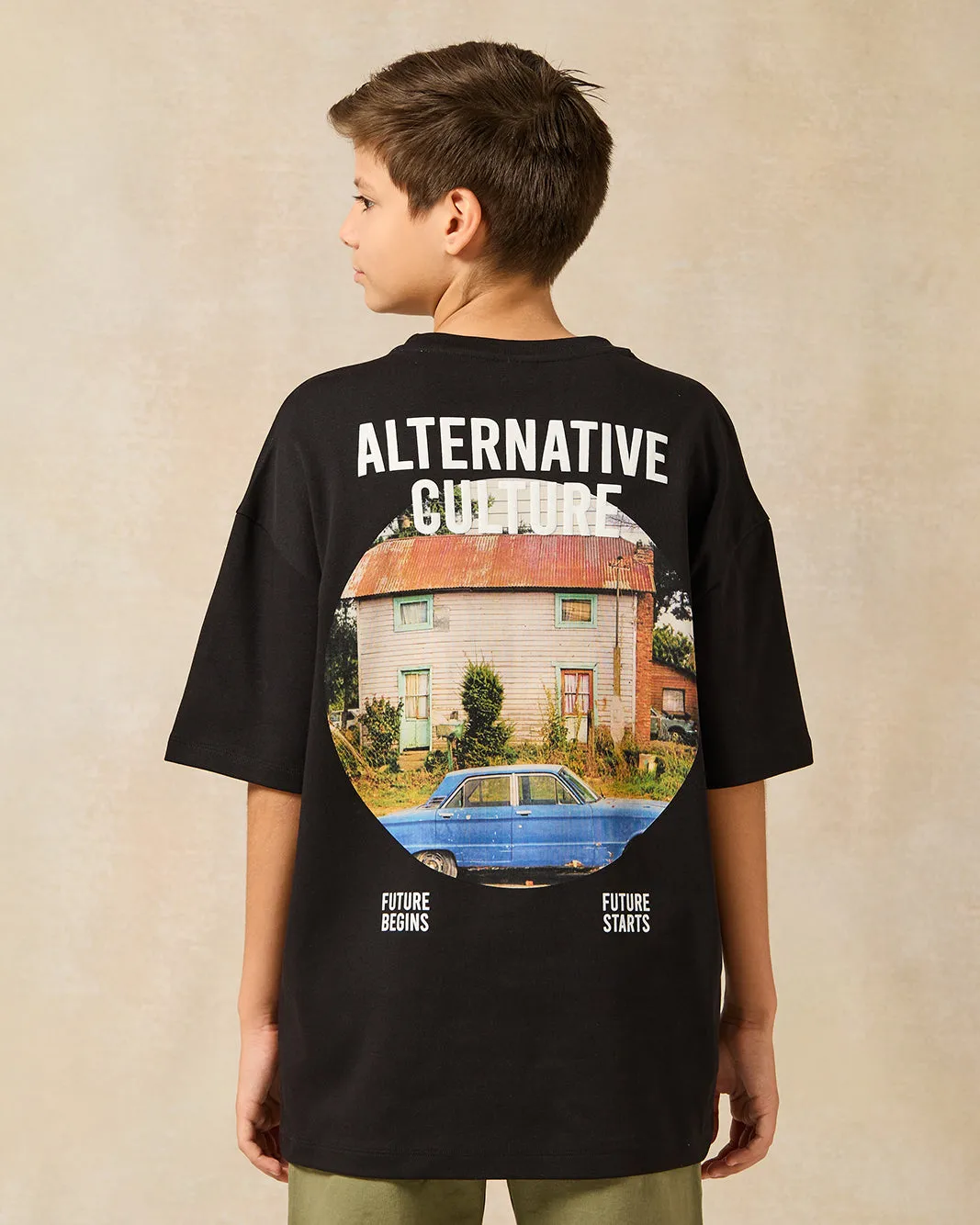 Senior Boys Black Printed Oversize T-Shirt