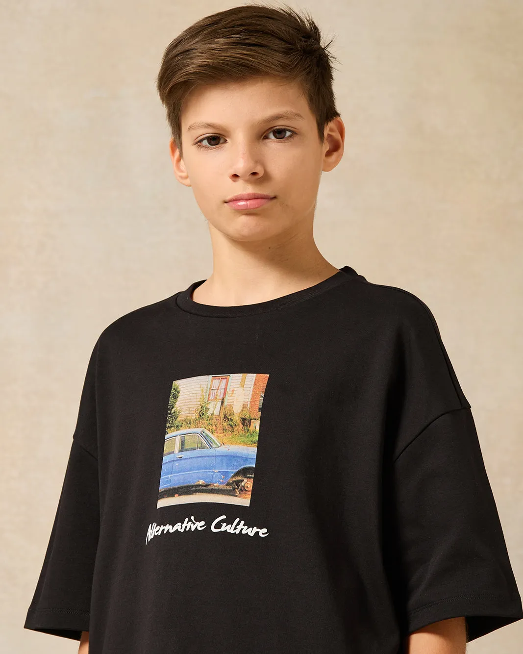 Senior Boys Black Printed Oversize T-Shirt