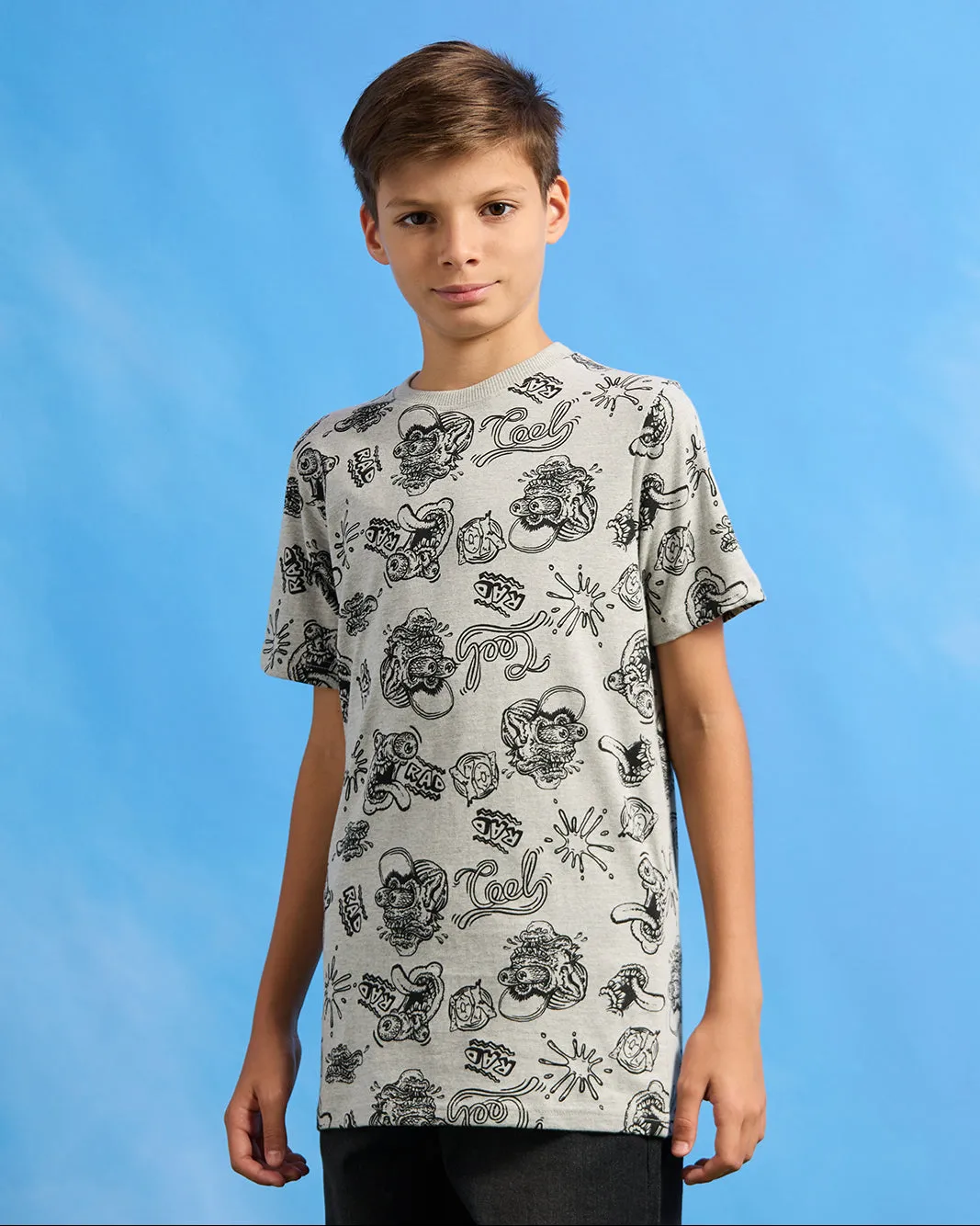 Senior Boys Grey Printed  T-Shirt
