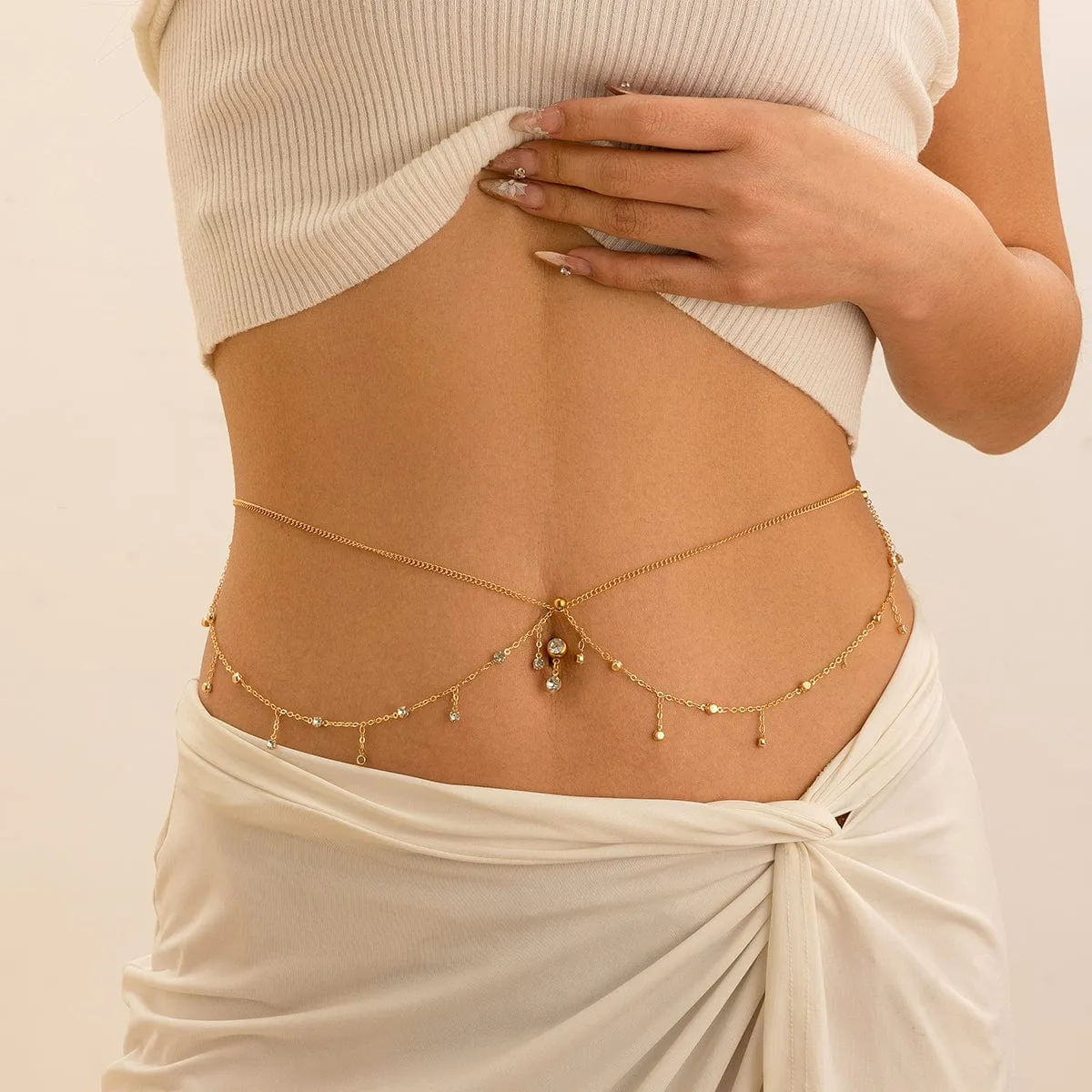 Shining Layered CZ Inlaid Tassel Navel Piercing Belly Chain