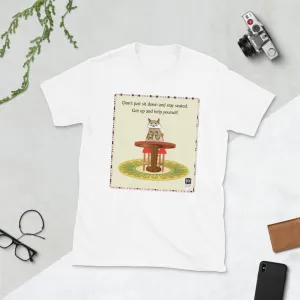 Short sleeve tee featuring the illustration of a cat with a message, white