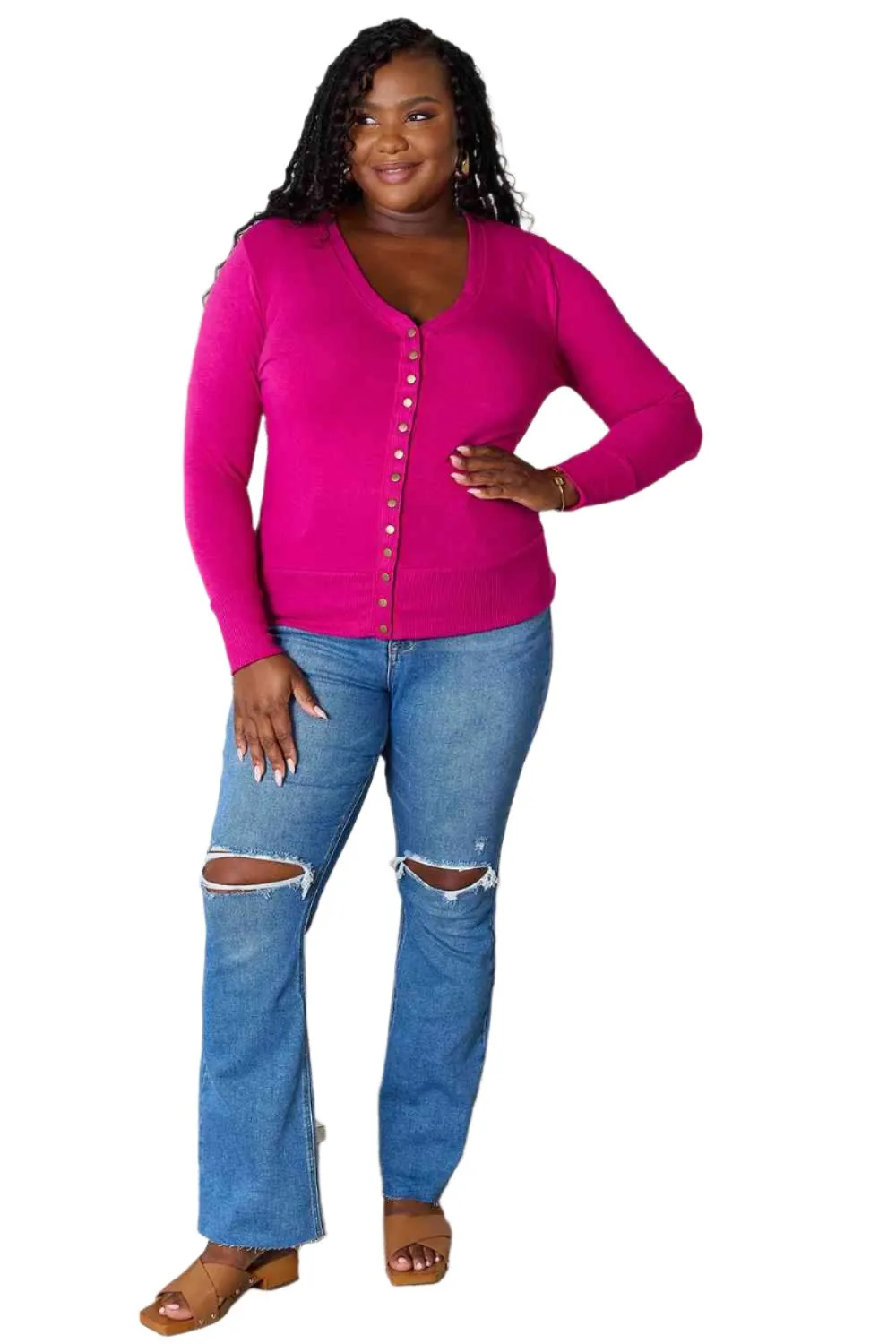 Size XL V-Neck Long Sleeve Fuchsia Cardigan