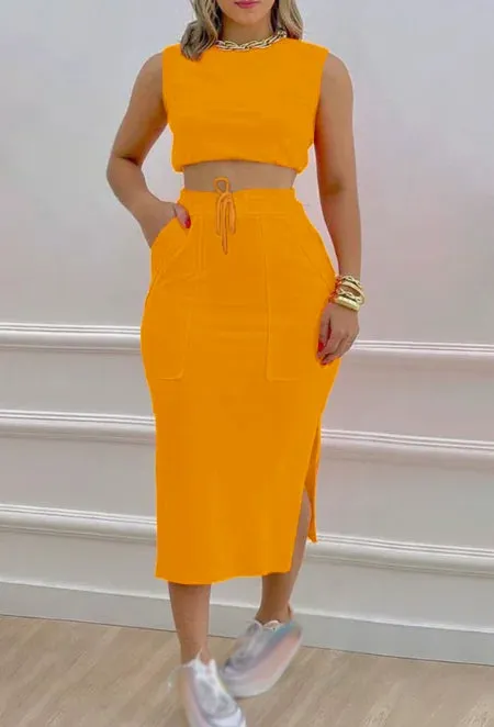 Skirt Set Solid Round Neck Short Sleeveless Top