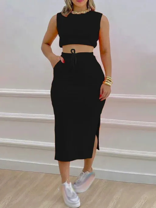 Skirt Set Solid Round Neck Short Sleeveless Top
