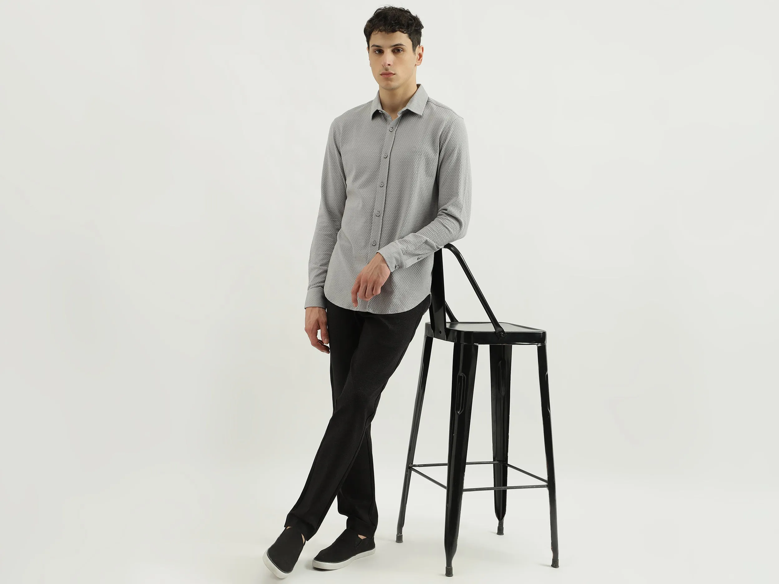Slim Spread Collar Self Design Shirts