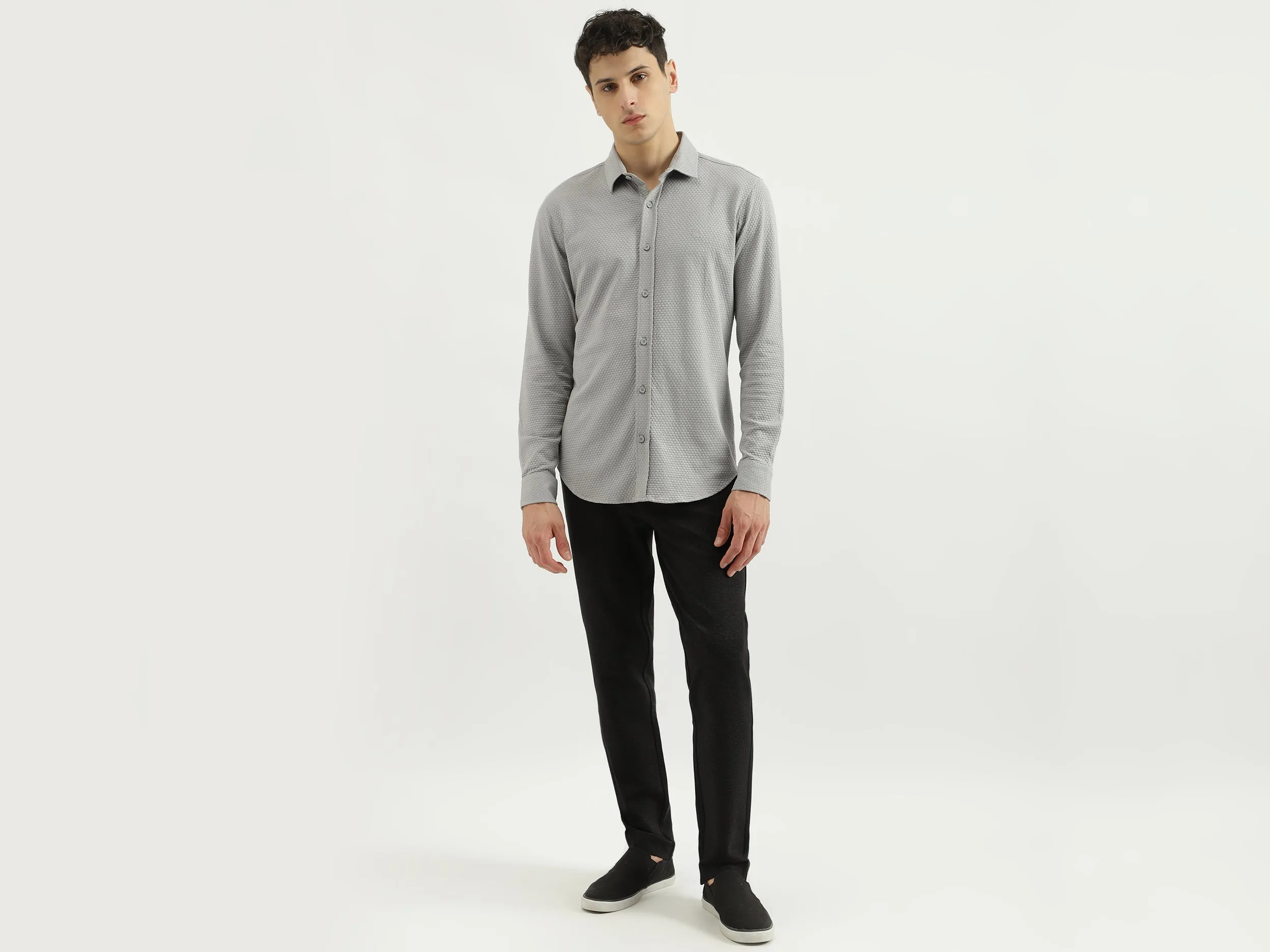 Slim Spread Collar Self Design Shirts