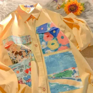 Soft Girl Oil Painting Style Patch Shirt for a Y2K Aesthetic