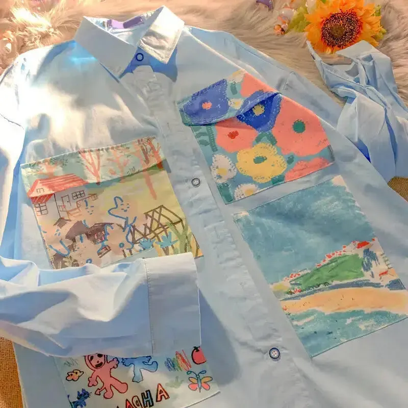 Soft Girl Oil Painting Style Patch Shirt for a Y2K Aesthetic