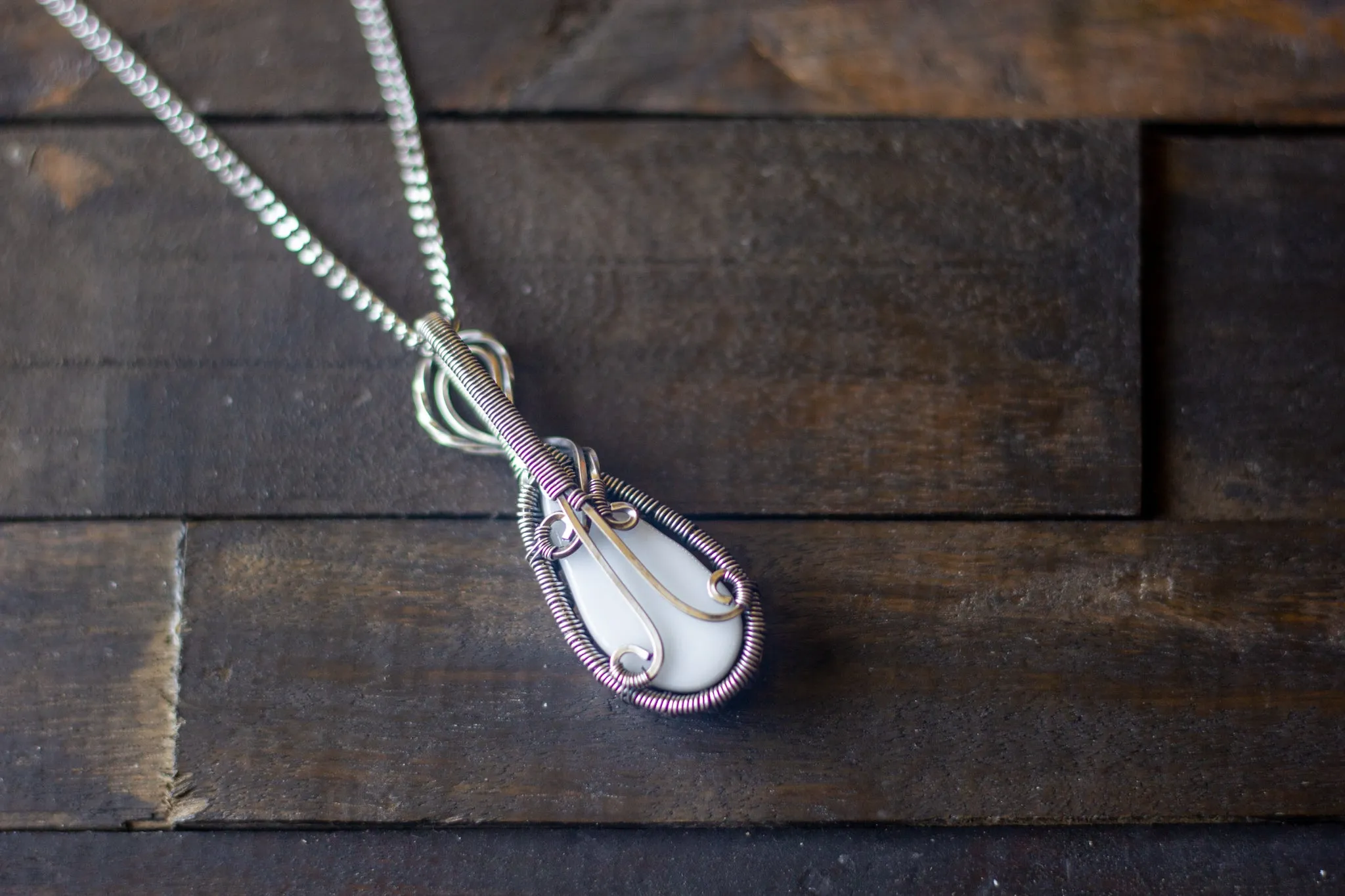 Sterling Silver Teardrop Pendant with Shades of Green Fused Glass