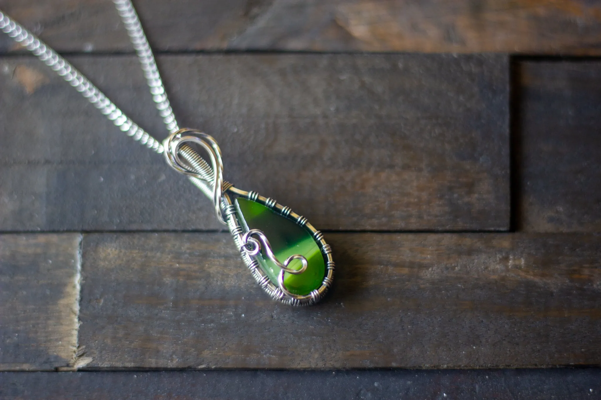 Sterling Silver Teardrop Pendant with Shades of Green Fused Glass