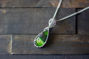 Sterling Silver Teardrop Pendant with Shades of Green Fused Glass