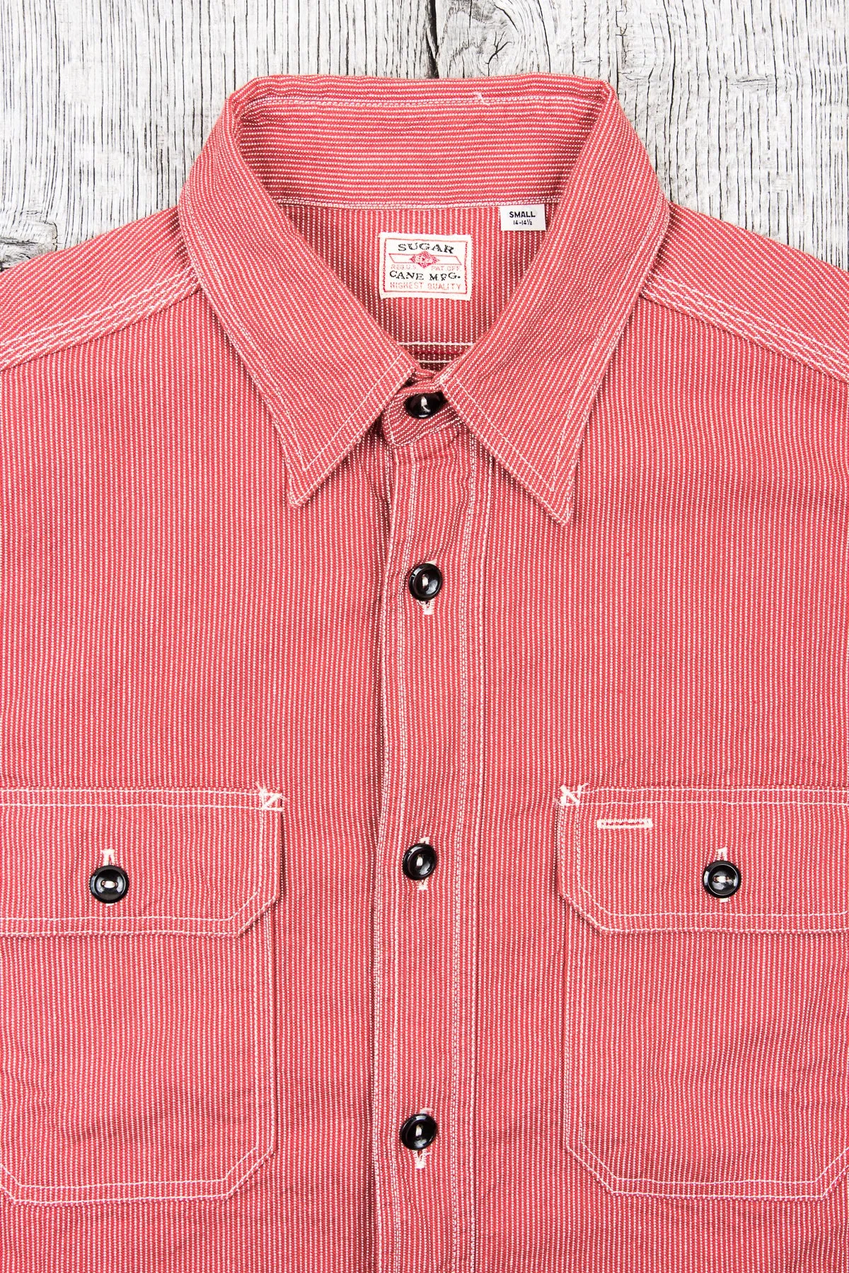 Sugar Cane & Co Long Sleeved Hickory Stripe Work Shirt Red
