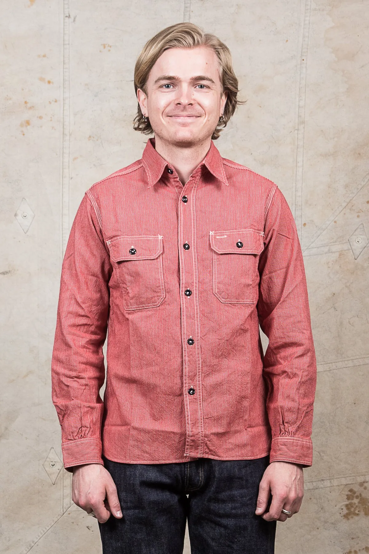 Sugar Cane & Co Long Sleeved Hickory Stripe Work Shirt Red