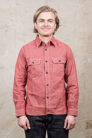 Sugar Cane & Co Long Sleeved Hickory Stripe Work Shirt Red