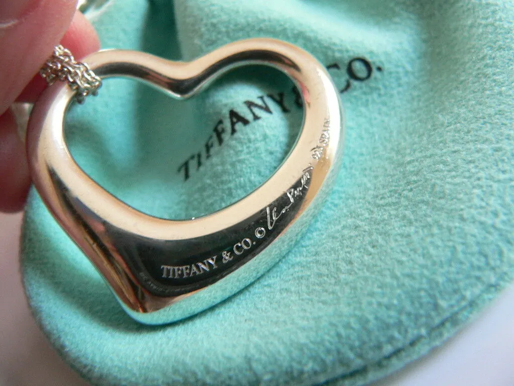 Tiffany & Co Large Open Heart Necklace Pendant 29 inch Chain Gift Pouch Love