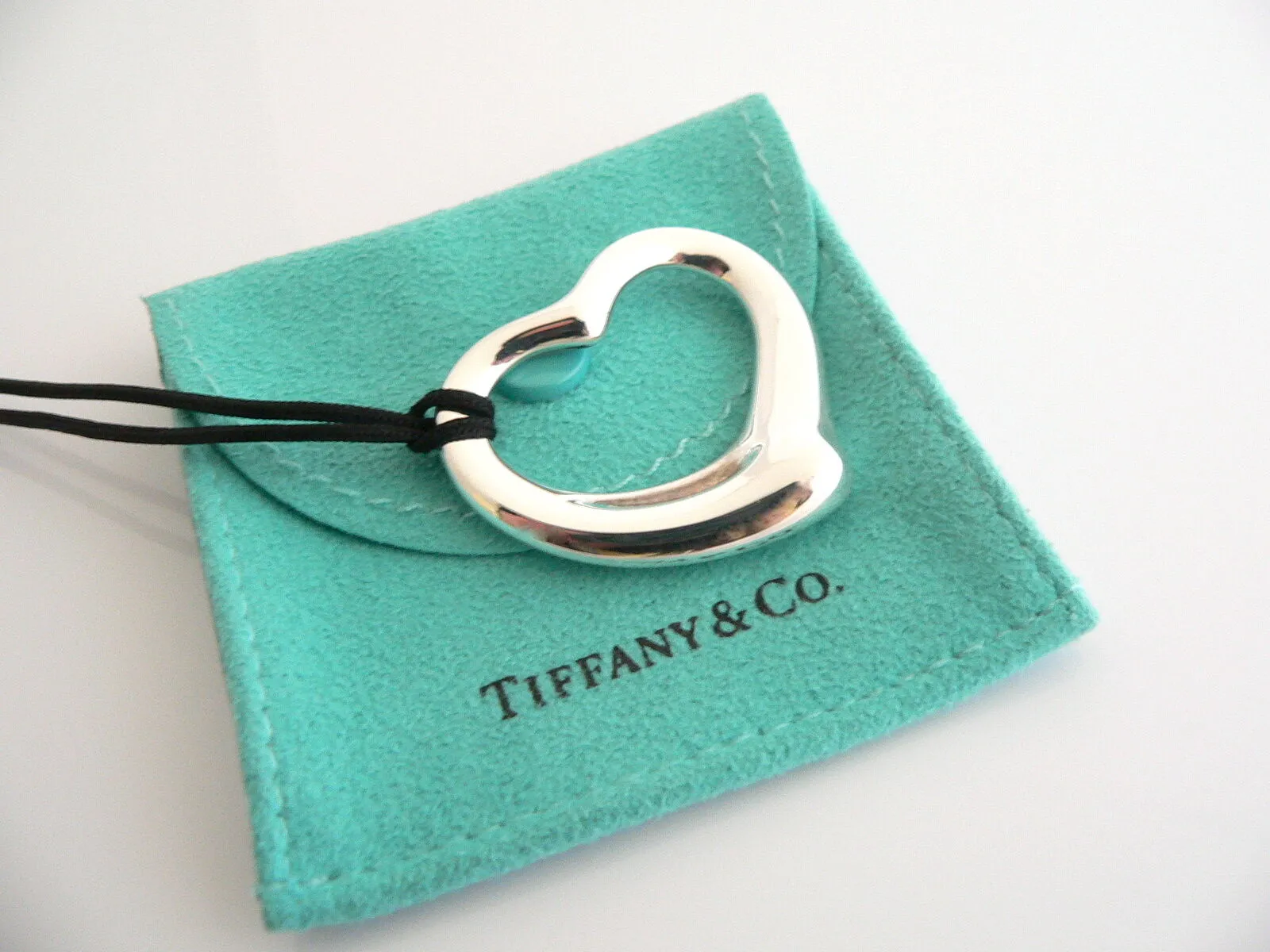 Tiffany & Co Peretti Large  Open Heart Necklace Pendant Silk Cord Large Silver Gift