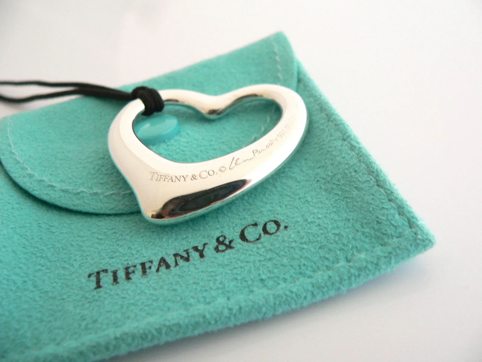 Tiffany & Co Peretti Large  Open Heart Necklace Pendant Silk Cord Large Silver Gift
