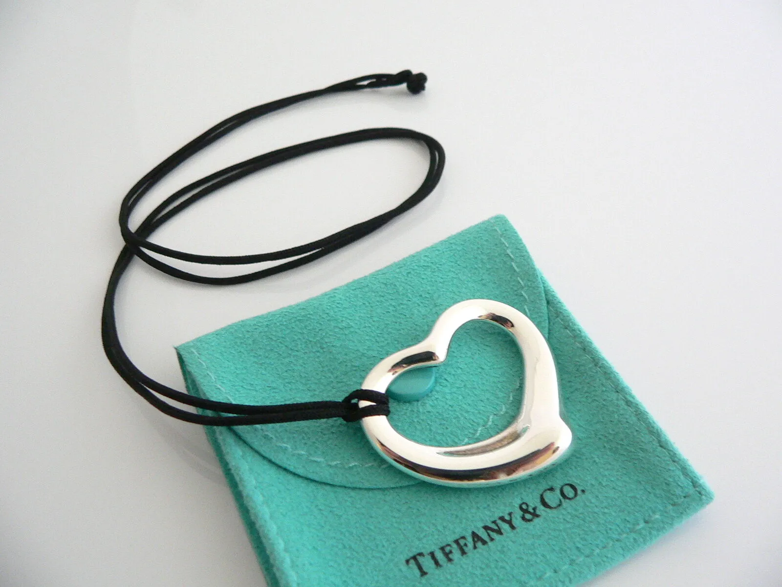 Tiffany & Co Peretti Large  Open Heart Necklace Pendant Silk Cord Large Silver Gift
