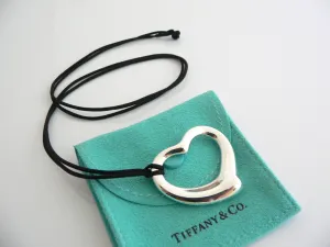 Tiffany & Co Peretti Large  Open Heart Necklace Pendant Silk Cord Large Silver Gift