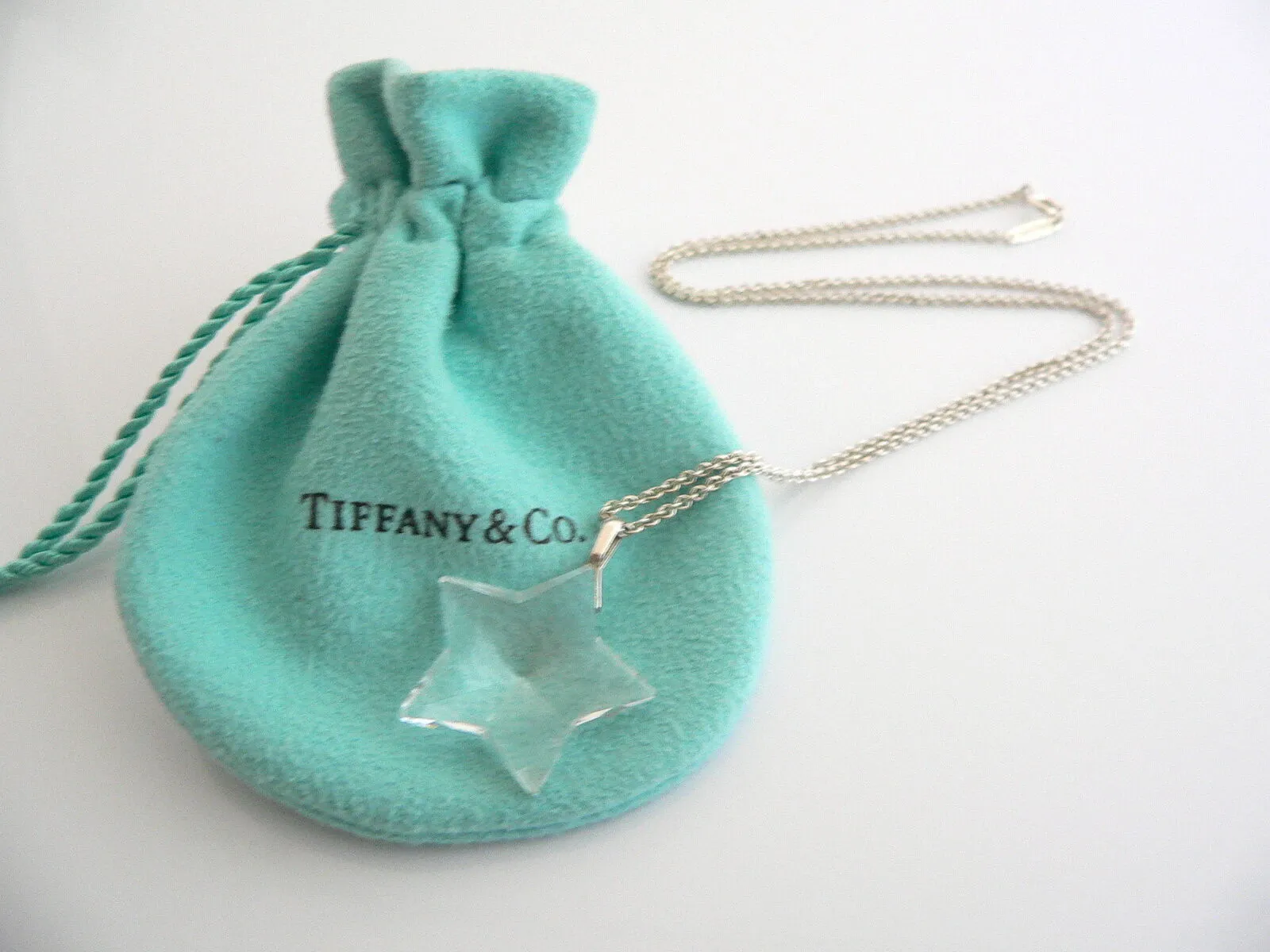Tiffany & Co Silver Rock Crystal Star Necklace Pendant Chain Gift Pouch Love