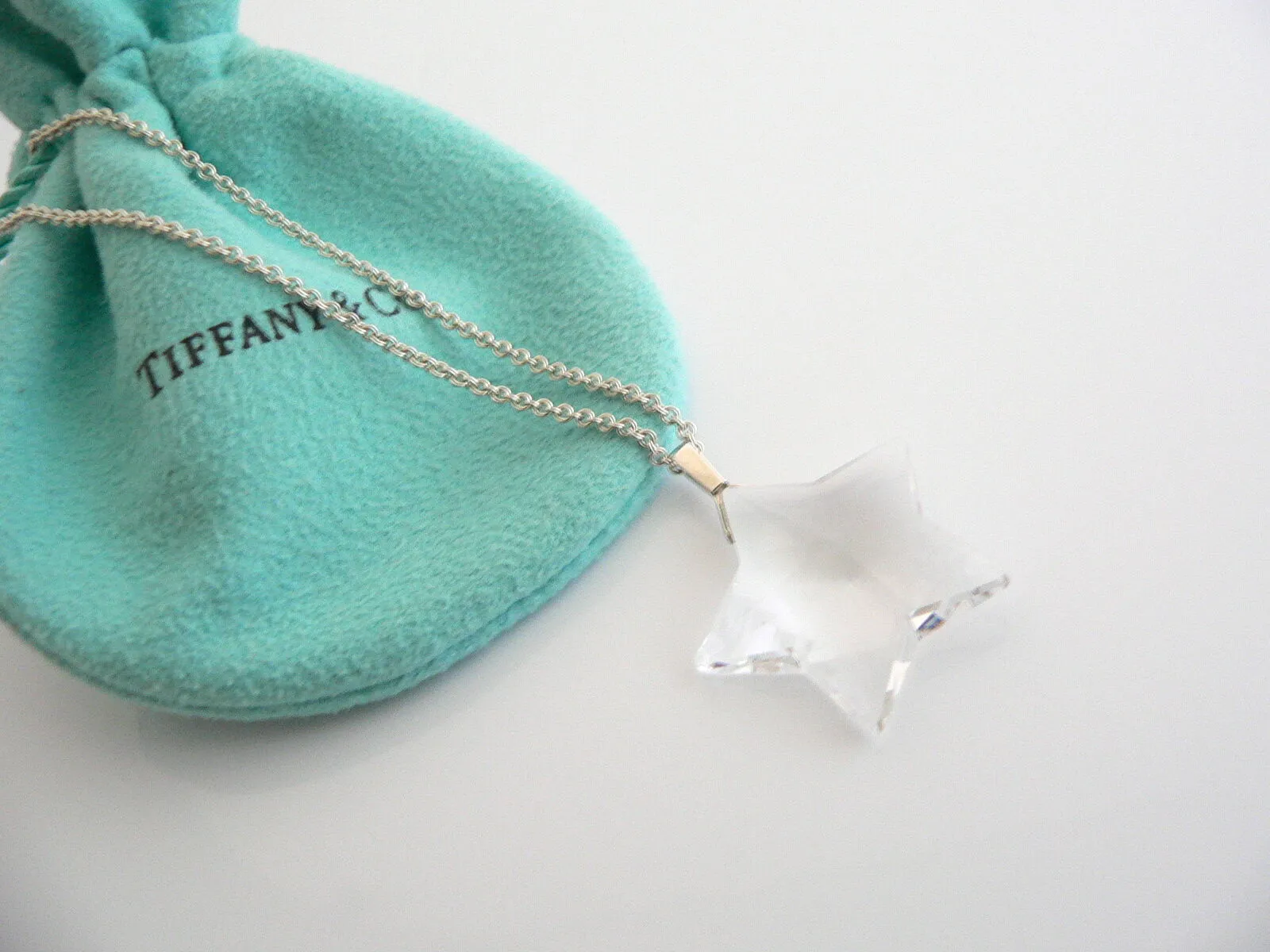 Tiffany & Co Silver Rock Crystal Star Necklace Pendant Chain Gift Pouch Love
