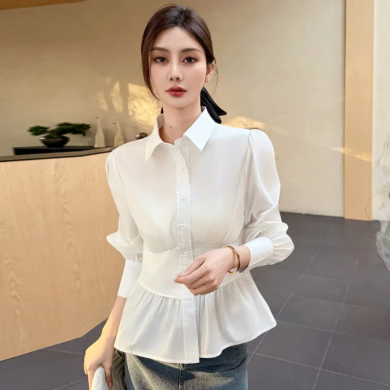 Trendy White Dress Shirt With Unique Fitted Waist