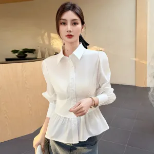 Trendy White Dress Shirt With Unique Fitted Waist