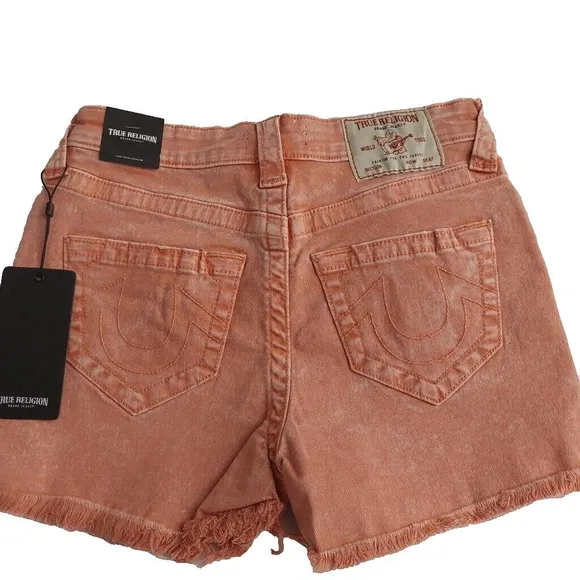 True Religion Brand Jeans Maisie High Rise Denim Shorts Salmon Bisque NWT $129