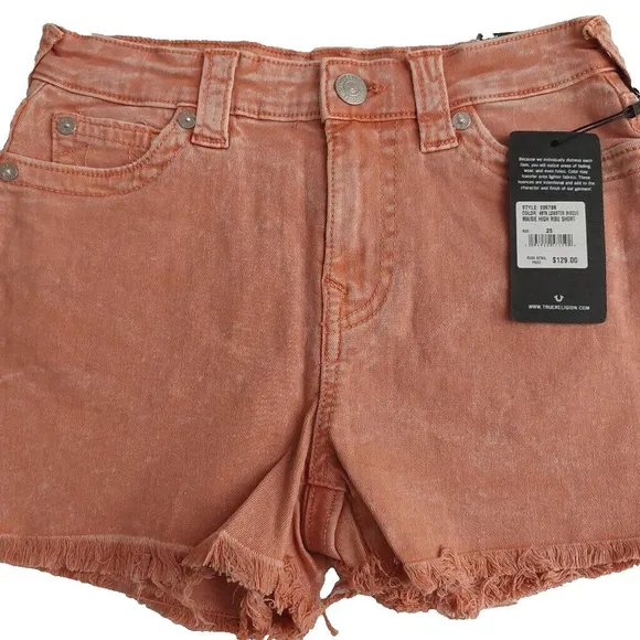 True Religion Brand Jeans Maisie High Rise Denim Shorts Salmon Bisque NWT $129