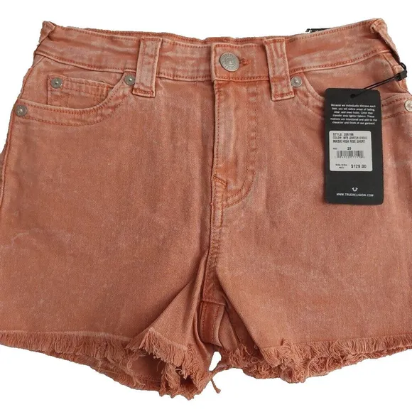 True Religion Brand Jeans Maisie High Rise Denim Shorts Salmon Bisque NWT $129