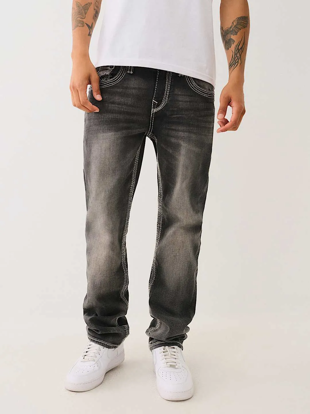 True Religion Men Grey Straight Fit Washed Jeans
