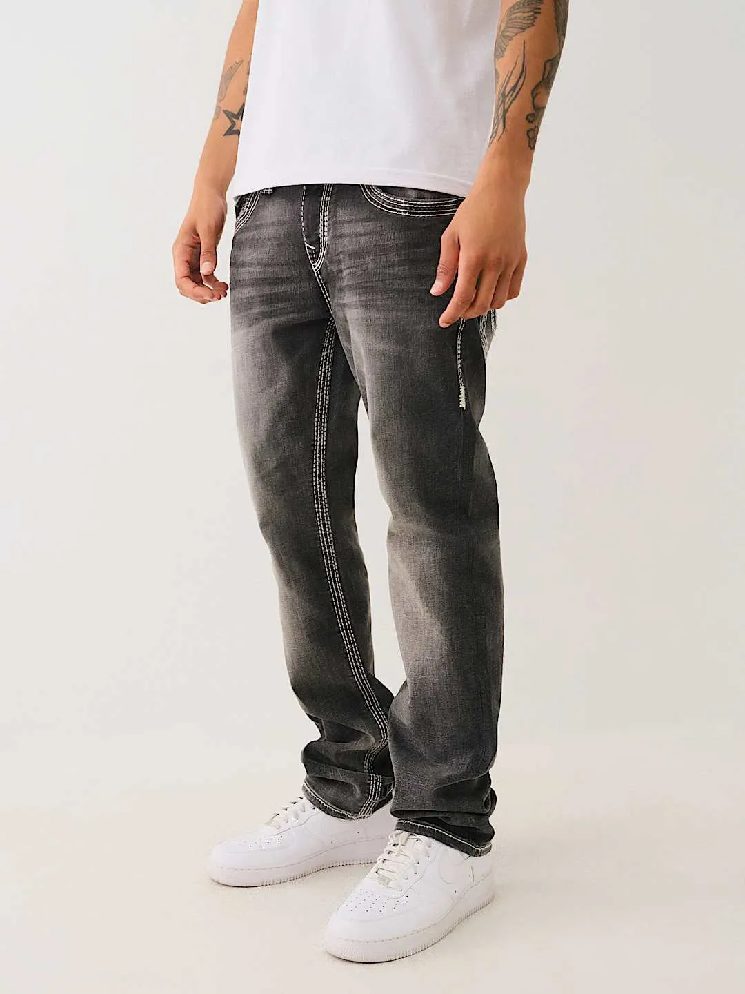 True Religion Men Grey Straight Fit Washed Jeans