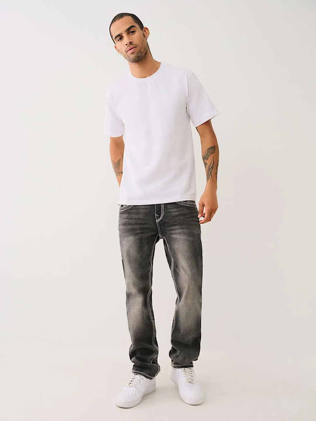 True Religion Men Grey Straight Fit Washed Jeans