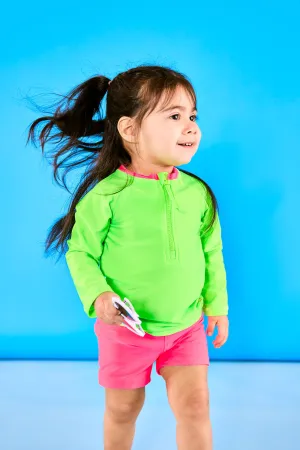 Two Piece Set Rash Guard and Euro Shorts UPF50  | Neon Green and Pink