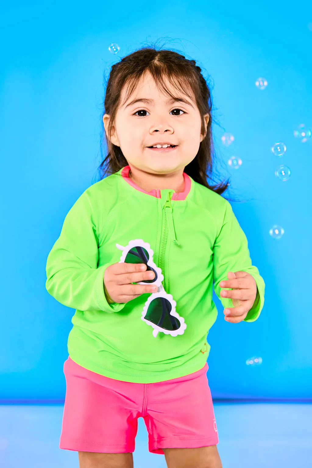 Two Piece Set Rash Guard and Euro Shorts UPF50  | Neon Green and Pink