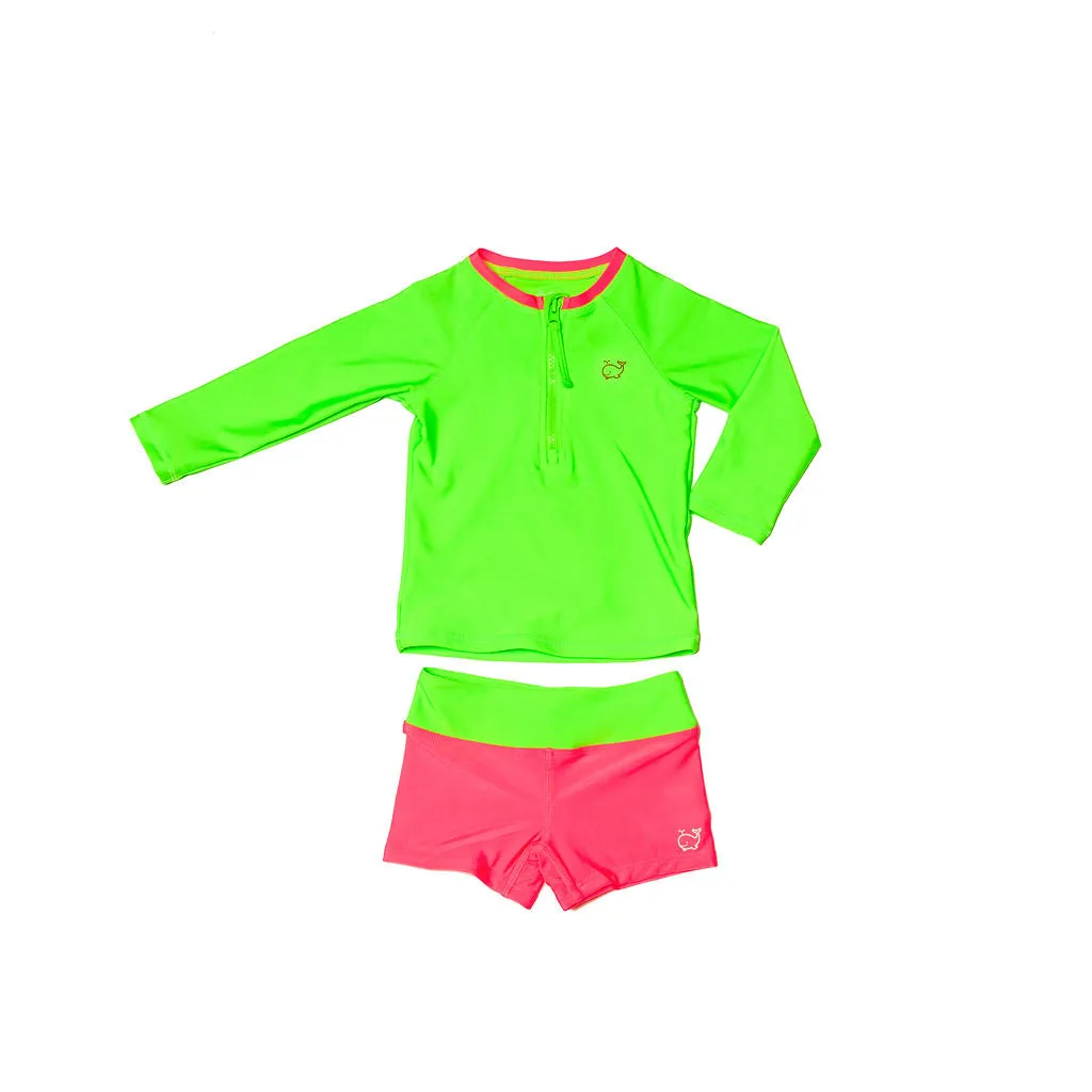 Two Piece Set Rash Guard and Euro Shorts UPF50  | Neon Green and Pink