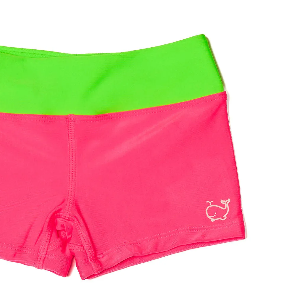 Two Piece Set Rash Guard and Euro Shorts UPF50  | Neon Green and Pink