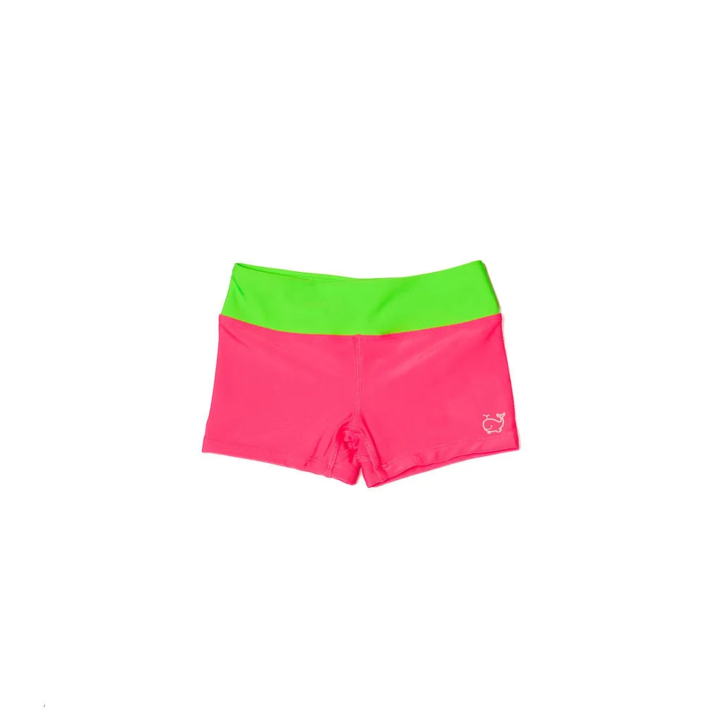 Two Piece Set Rash Guard and Euro Shorts UPF50  | Neon Green and Pink