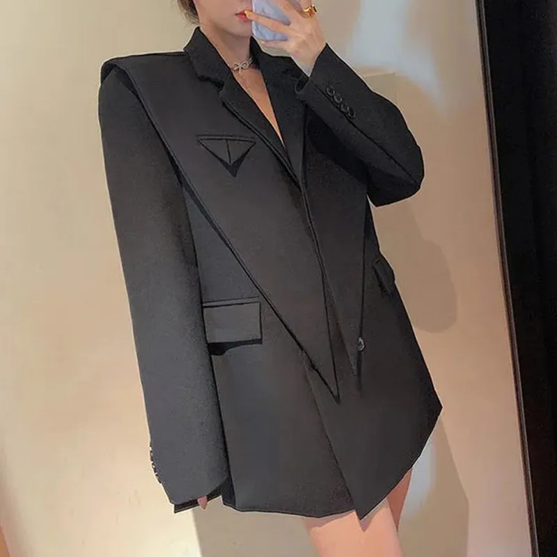 TWO TWIN STYLE Notched Long Sleeve Loose Plus Size Pockets Solid Blazers Female 2021