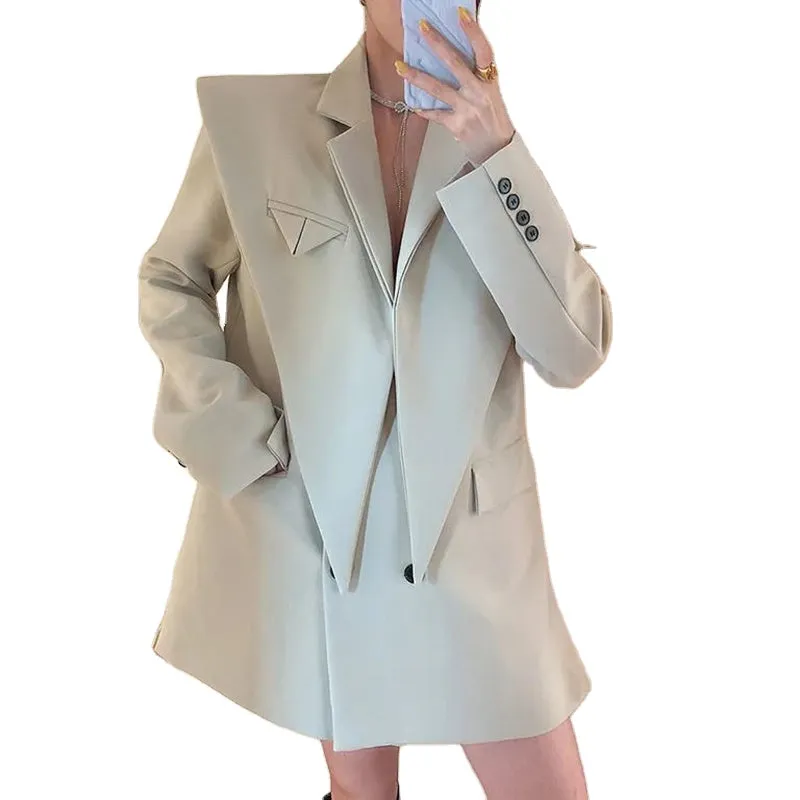 TWO TWIN STYLE Notched Long Sleeve Loose Plus Size Pockets Solid Blazers Female 2021