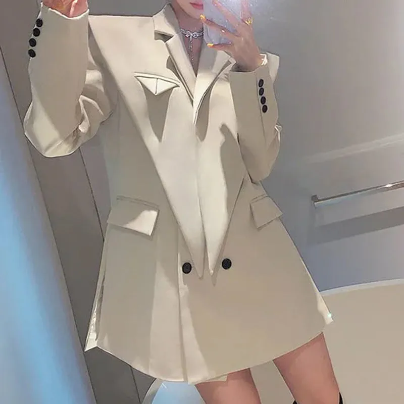 TWO TWIN STYLE Notched Long Sleeve Loose Plus Size Pockets Solid Blazers Female 2021