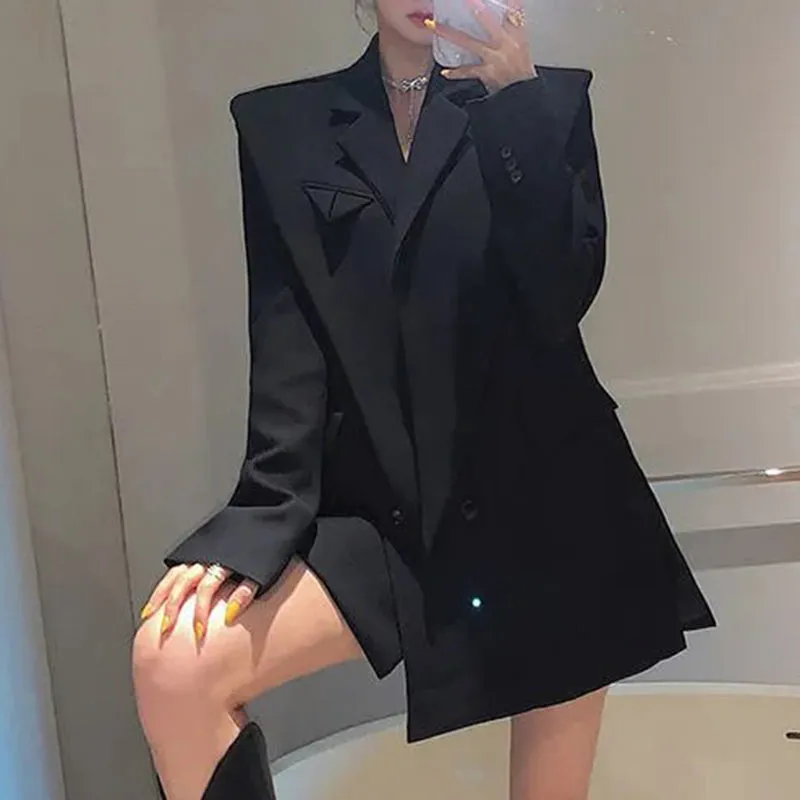 TWO TWIN STYLE Notched Long Sleeve Loose Plus Size Pockets Solid Blazers Female 2021
