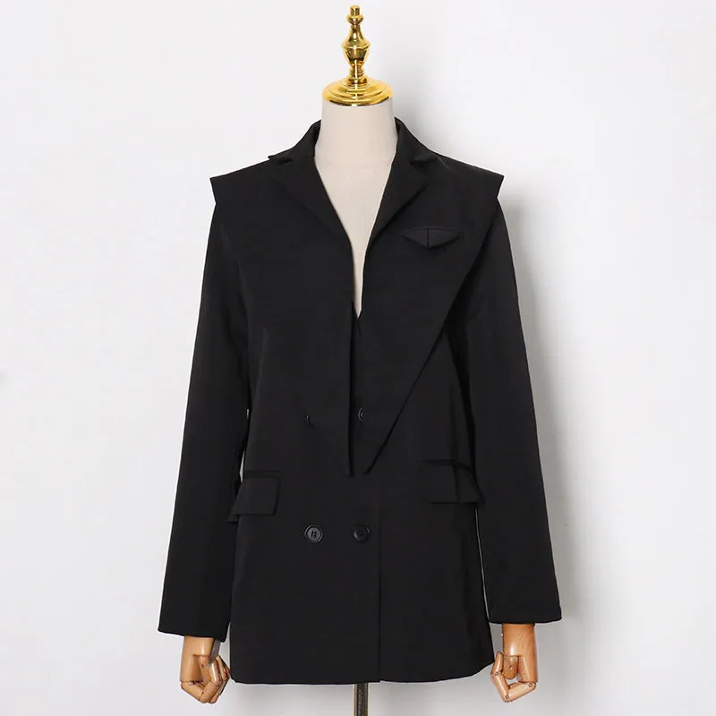 TWO TWIN STYLE Notched Long Sleeve Loose Plus Size Pockets Solid Blazers Female 2021