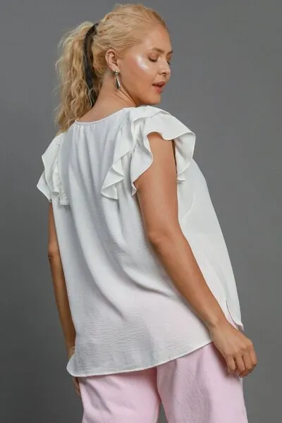 Umgee Full Size V-Neck Double Layered Ruffle Sleeve Blouse Plus Size