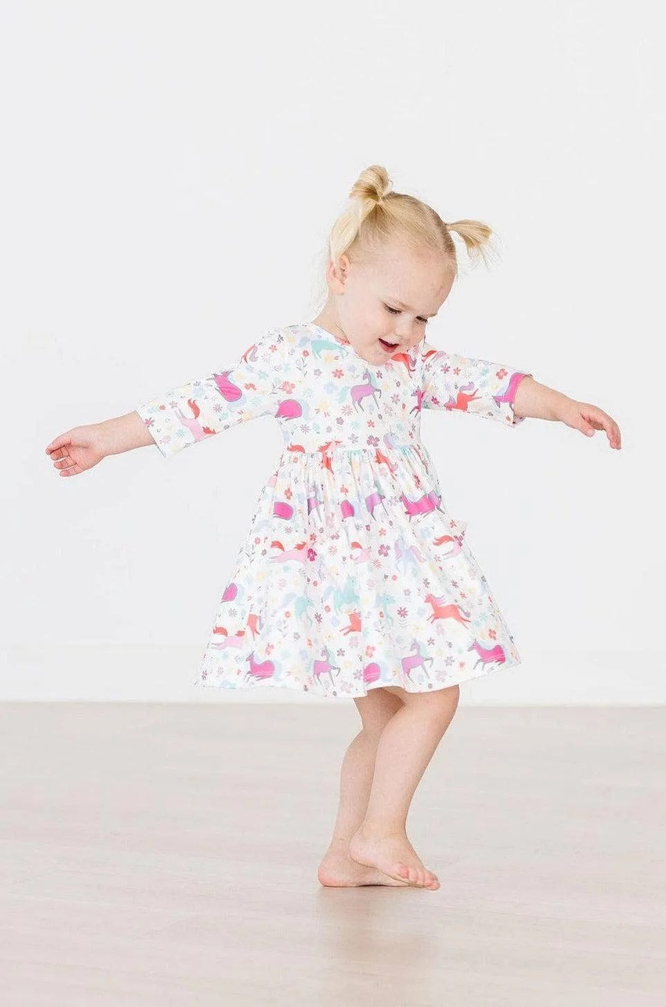 Unicorn Wish 3/4 Sleeve Pocket Twirl Dress: Mila & Rose