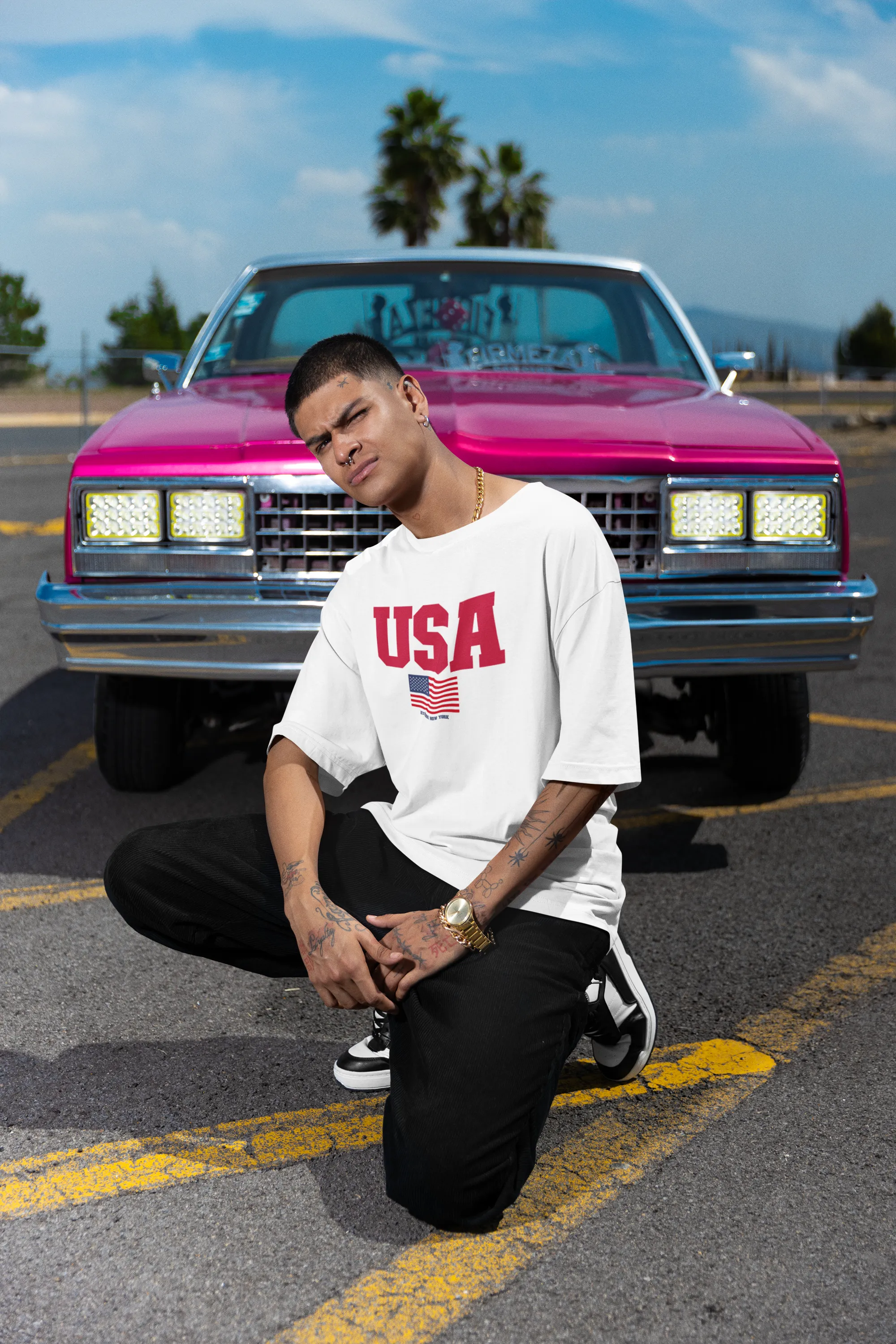 USA ATOM NEW YORK White Oversized T-Shirt For Men