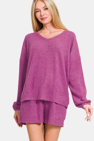 V-Neck Long Sleeve Ribbed Top and Shorts Set