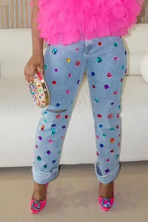 Versatile Rhinestone Decoration Denim Pants