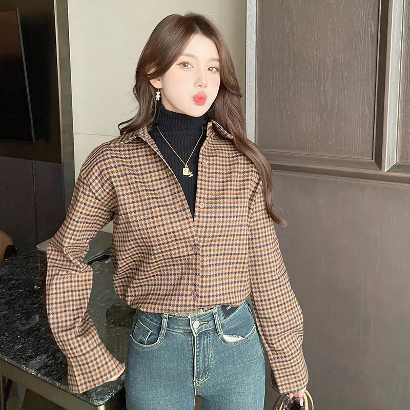 Versatile Thin Checkered Boyfriend Shirt for Women's Casual Wear